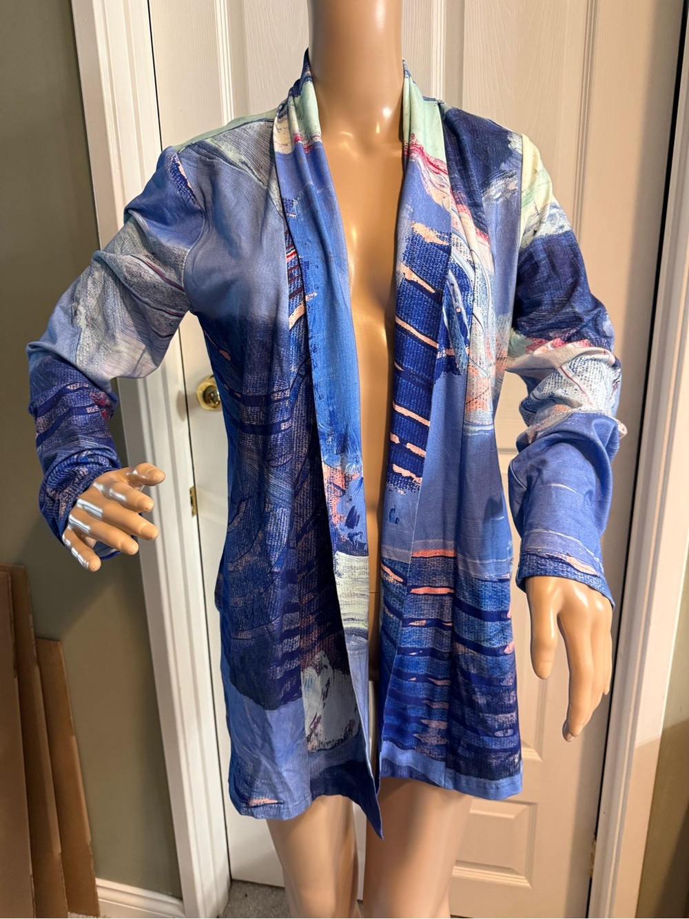 Claire Desjardins Blue Print Open Cardigan M Knit Womens Bamboo Cotton Blend